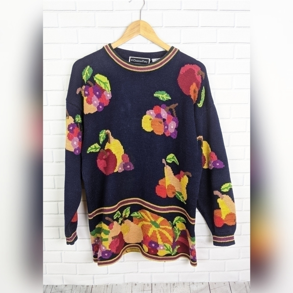 Christine Foley Sweater Womens M Blue Fruit Knit Quiet Luxury Granny chic Warm